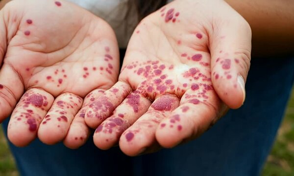 Close-Up of Hands with Severe Skin Rash and Red Patches