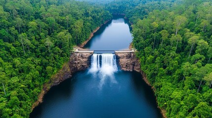 Hydroelectric power station with a waterfall cascading into a deep gorge