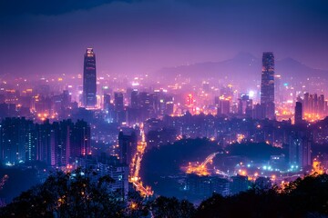 Obraz premium Bustling Cityscape Illuminated by Energy Efficient Streetlights at Night
