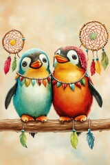 Fototapeta premium Two Penguins with Dream Catchers.