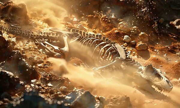 Dinosaur Skeleton in Sandy Desert with Rocks and Dust Particles