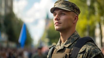 Proud Estonian Man in Military Uniform at Independence Day Parade on Sunny City Street