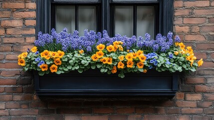 Fototapeta premium Black window box with decorative flowers on a brick wall in a city.