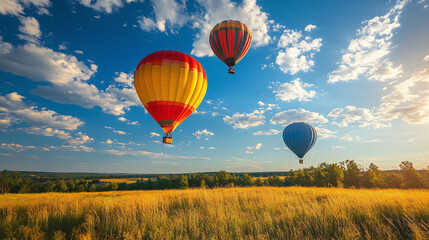 Obraz premium A group of hot air balloons fly over fields on a sunny day