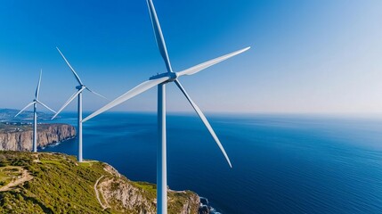 Wind turbines on a hill overlooking the ocean