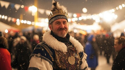 Celebrating Independence: Icelandic Man in Traditional Costume Amid Festive Crowd on Snowy Independence Day in Bright Lighting