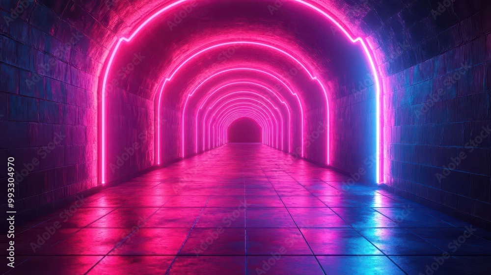 Wall mural futuristic neon light tunnel with dynamic glowing lines and shapes creating an exhilarating sense of