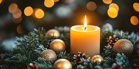 Advent wreath with one lit candle surrounded by Christmas decor and evergreen branches