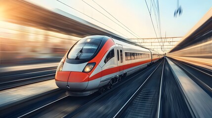 Naklejka premium Sleek Modern High-Speed Train on Tracks at Dawn