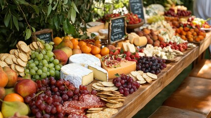 A beautifully arranged grazing table with cheeses, fruits, crackers, and dips, perfect for entertaining.