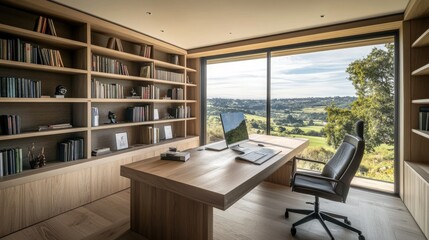 Serene home office with a large wooden desk