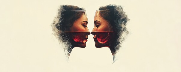 Double exposure illustration of two faces in profile with wine glasses, blending human emotions and artistic creativity