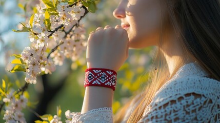 Celebrating Martisor: Moldovan Woman in Traditional Red and White Bracelet Surrounded by Spring Blossoms Outdoors in Daylight