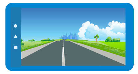 View through mobile device of a  highway leading to a city that can be seen in the distance. Vector illustration.