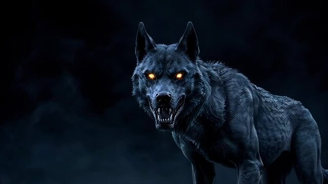 A scary black wolf growls on a dark smoky background.. AI Generation