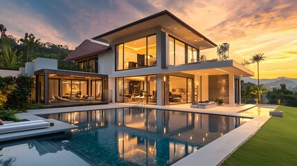 Fototapeta premium Modern Luxury Villa at Sunset with Stunning Architecture