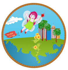 Fairy flying near a modern city with magic wand in her hand. Vector illustration for t -shirt print design.