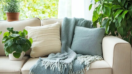 Cozy sofa with pillows and a plant, bright and inviting indoor setting.