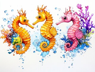 Obraz premium Three Seahorses in Watercolor with Coral Reef and Bubbles.