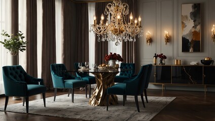 A dining room with a gold chandelier, dark teal chairs, a round glass table, and dark walls.