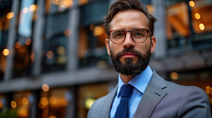 Fototapeta premium Confident businessman in glasses standing outside modern office building