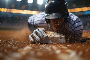 Close up of baseball player sliding to home plate, capturing intensity and action under bright stadium lights, illustrating drama and excitement of pivotal moment in baseball game