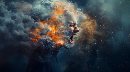Obraz premium Explosive expression of rage with fiery clouds and emotional intensity
