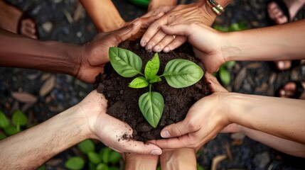 Top view of diverse multiethnic multiracial hands of different people gathered together around the plant
