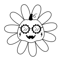 Retro Halloween flower clipart. Black and white groovy Halloween object . Hand drawn vector illustration in flat style.
