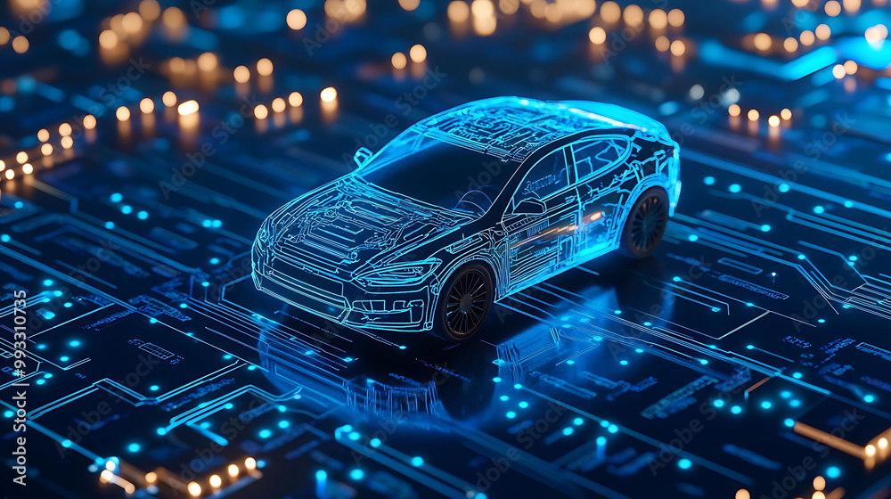 Wall mural a 3d rendering of a car on a circuit board, representing the intersection of technology and transpor