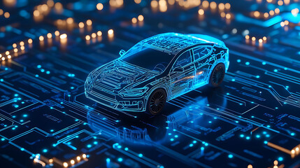 A 3D rendering of a car on a circuit board, representing the intersection of technology and transportation.