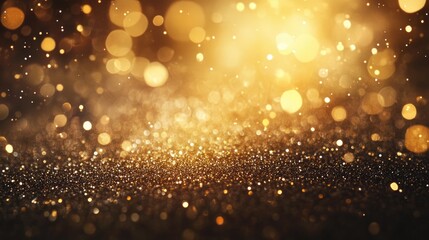Obraz premium Glittering background in rich golden tones out of focus macro view Falling sparks create a shimmering effect providing ample free space