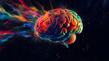 Fototapeta premium A colorful human brain with vibrant colors and a dark background, representing creativity and thought processes.
