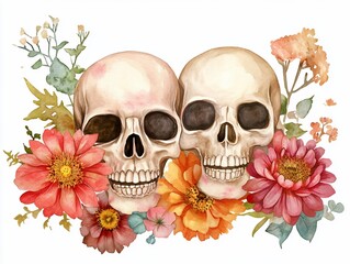 Watercolor Skulls with Floral Arrangement.