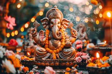 Fototapeta premium Traditional Indian Lord Ganesha Statue with Festive Decorations and Flowers