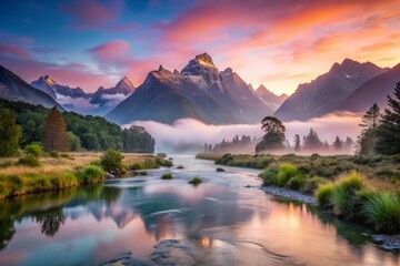 River valley awakens at dawn, soft pink light creeping over majestic peaks, mist swirling above the calm waters.