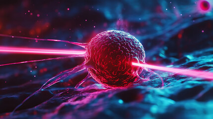 A laser beam targeting a cancer cell with a glowing, abstract background.