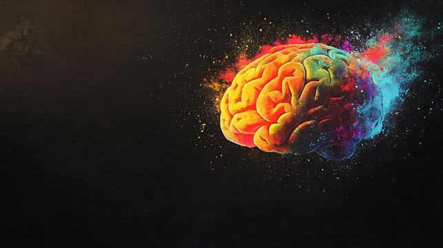 A colorful human brain with exploding color dust.