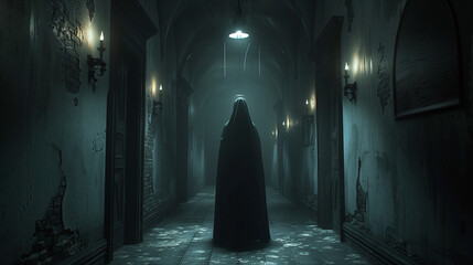 Ghostly nun in a dimly lit monastery corridor