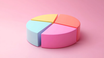 Obraz premium A 3D pie chart with 4 sections in pink, blue, yellow, and orange colors on a pink background.