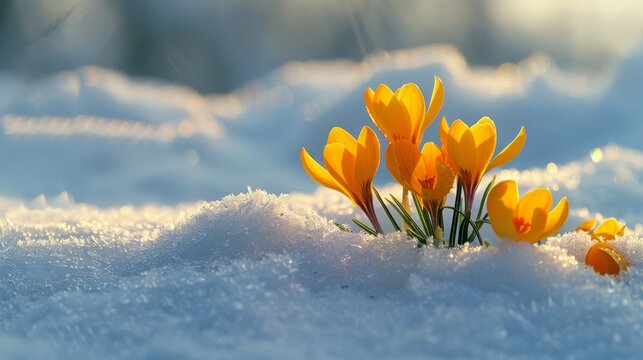 Yellow crocus flowers blooming through snow in early spring sunlight.