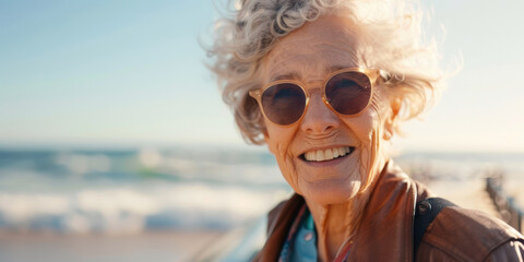 A close-up of an elderly woman rollerblading along the boardwalk
