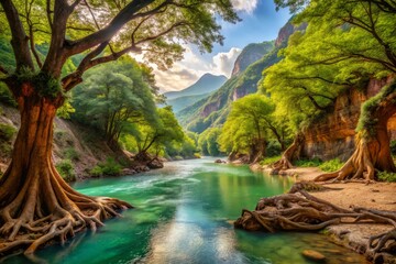 Fototapeta premium River winds serenely through a verdant valley surrounded by rust-hued cliffs and towering ancient trees, their gnarled roots stretched towards its crystal clear waters.