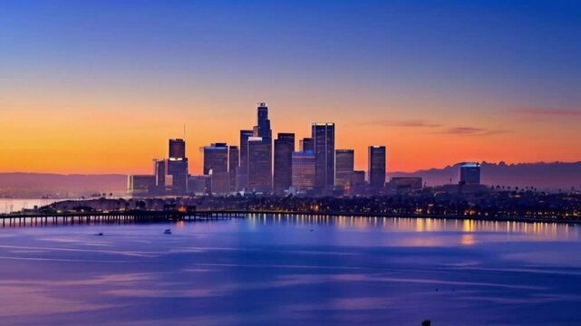 Horizon de Los Angeles au cr&eacute;puscule. Vue de ville de si&egrave;cle et d'oc&eacute;an pacifique.