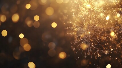 Fototapeta premium Festive New Year greeting card banner featuring golden fireworks and bokeh lights against a textured dark background