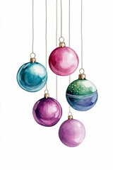 Watercolor Christmas Ornaments Hanging Isolated