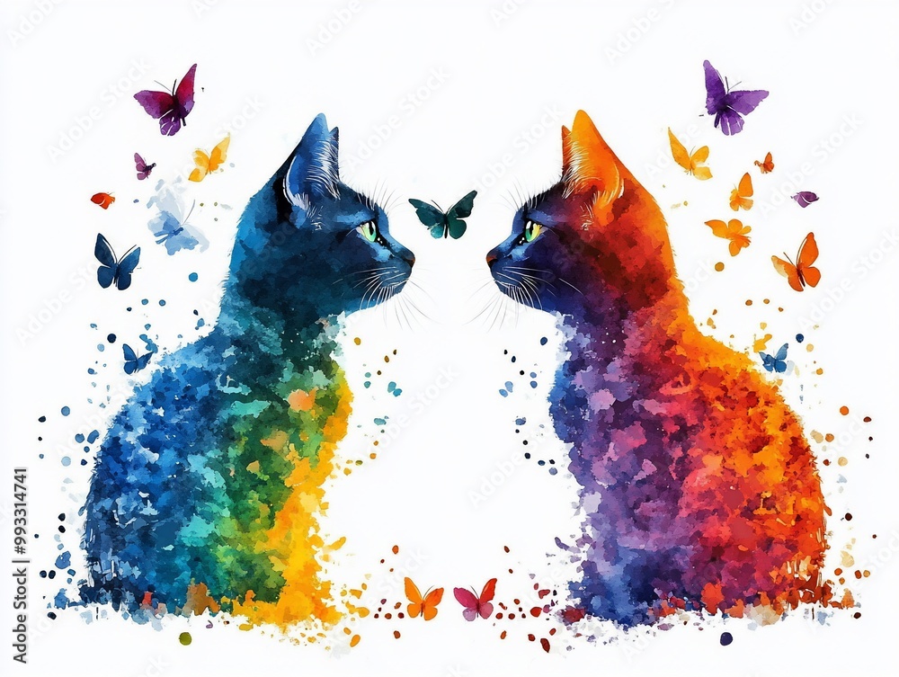 Wall mural Colorful Watercolor Cats with Butterflies.