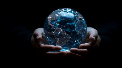 Two hands holding a glowing blue glass globe against a dark background.