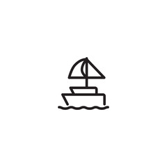 A sailboat on the water on icon. A line drawing of a sailboat with a sail raised, sailing on wavy water. This symbolizes sailing, boating, or nautical activities. Editable icon.