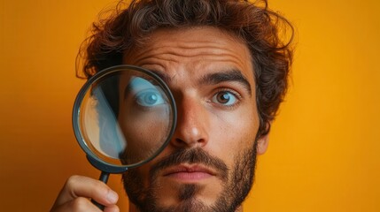 humorous portrait of a man peering through a magnifying glass humorously investigating against a bright yellow backdrop capturing curiosity and playfulness